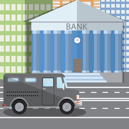 Flat design illustration of bank building and parked bulletproof armored truck in flat design style, illustration.のイラスト素材