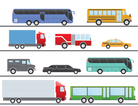 Flat design illustration city Transportation Flat Icons. Trucks, Bus, taxi, limo, fire truck, and school bus.のイラスト素材
