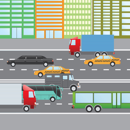Flat design illustration of city traffic, Transportation Flat Icons. Trucks, Bus, taxi, limo, bank truck.のイラスト素材