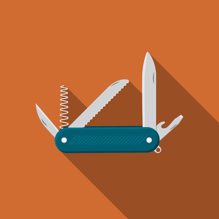 Flat design modern  illustration of multifunctional pocket knife icon, camping and hiking equipment with long shadow.のイラスト素材