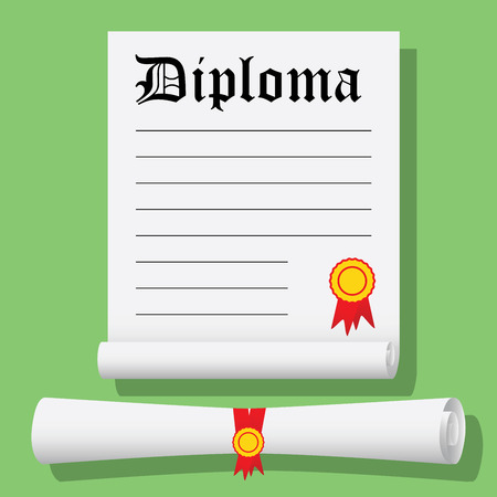 Flat design modern  illustration of Degree Scroll with Red Ribbon and Diploma, on color background.のイラスト素材