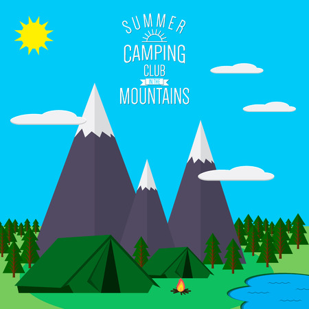 Mountains with forest and lake landscape flat  illustration, for camping and hiking, Extreme sports, outdoor adventure, with recreation place, tents and fire.のイラスト素材