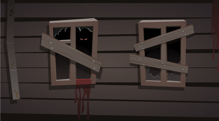 illustration with two window in old house. halloween concept. eyes in a darkness. blood on the wallのイラスト素材