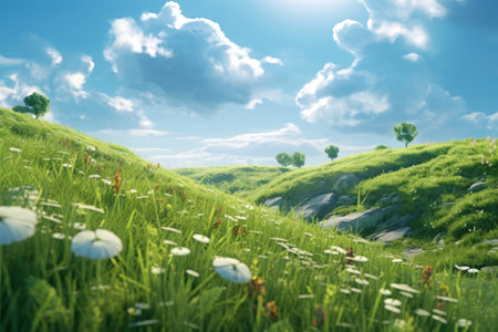 A field of green grass and flowers. Blue sky with light white clouds. bright sunny dayの素材