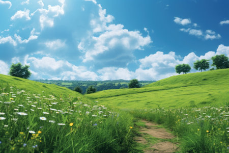 A field of green grass and flowers. Blue sky with light white clouds. bright sunny dayの素材