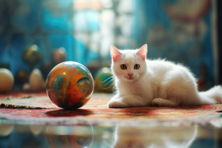 Cute white kitten with a colored ball at home. Blurry background.の素材