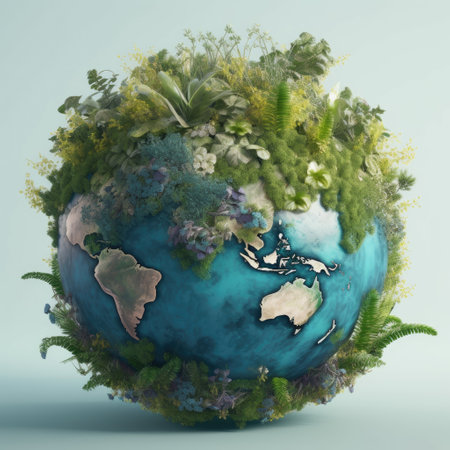 Ecology concept. A globe of planet Earth with blue oceans, green plants and flowersの素材