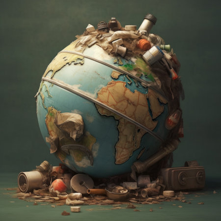 Globe of planet earth with man-made garbage on a dark background, environmental pollution conceptの素材