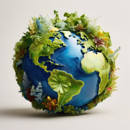 Ecology concept. A globe of planet earth with blue oceans, green plants and flowersの素材