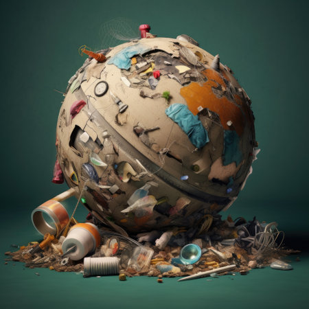 Globe of planet earth with man-made garbage on a dark background, environmental pollution conceptの素材
