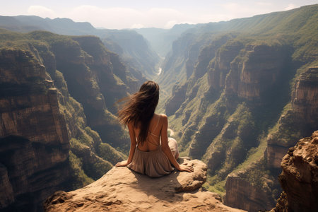 A young woman sits alone on the edge of a cliff and looks out over a canyon. Sunny dayの素材