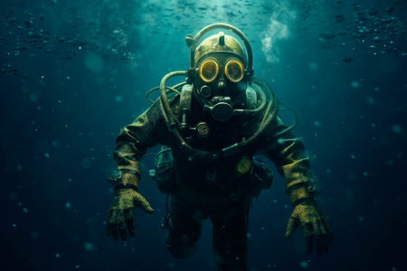 Scuba diver in deep blue water. Underwater photo of a diver.の素材
