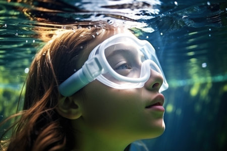 Underwater portrait of cute little girl in snorkeling mask.の素材