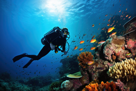 Scuba diver and colorful tropical coral reef with fish in the Red Seaの素材