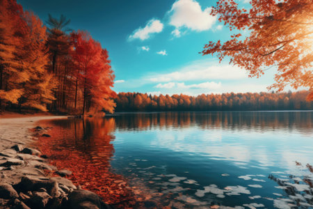 Beautiful autumn landscape with blue sky, lake and colorful trees reflected in water.の素材