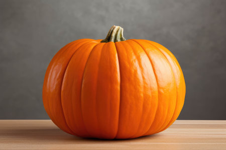 Pumpkin on wooden table and gray wall background, front viewの素材