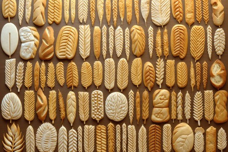 Cookies in the shape of bread, buns and ears of wheat on a brown background, close-upの素材