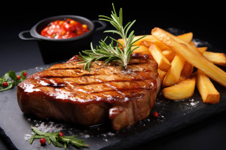 Grilled steak with French fries and sauce on a black background.の素材
