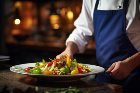 Chef serving salad in restaurant kitchen, closeup. Professional chef decorating dishの素材