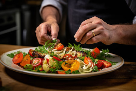 Closeup on the hands of a professional chef garnishing vegetable salad with cherry tomatoes and arugulaの素材