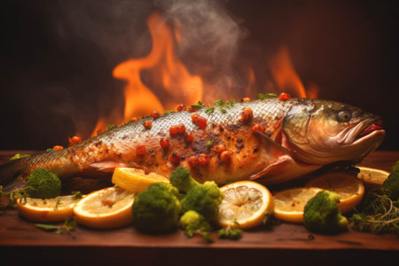 Trout with lemon and broccoli on wooden board on fire backgroundの素材
