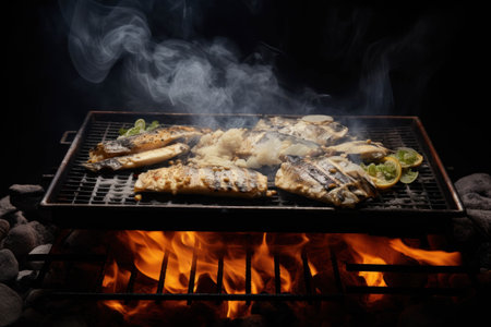 Grilled fish on the flaming grill with smoke on a black background.の素材