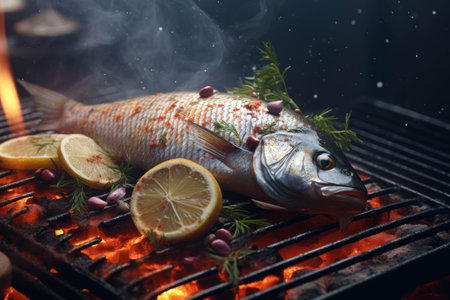 Fresh raw fish with lemon and rosemary on the flaming grill.の素材