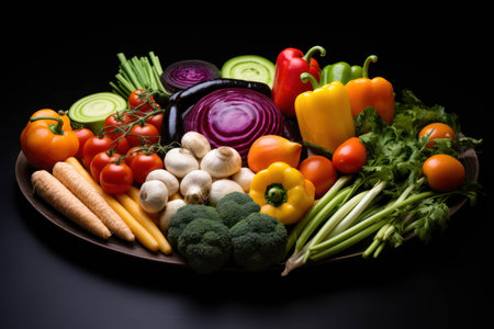 Composition with variety of raw organic vegetables on black background. Balanced diet.の素材