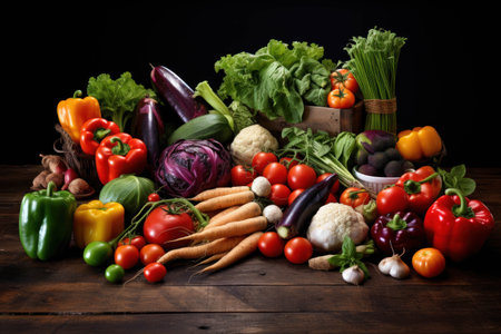 Composition with variety of raw organic vegetables on wooden table. Balanced diet.の素材