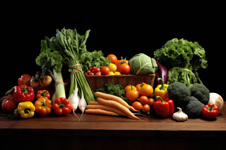 Composition with variety of raw organic vegetables on wooden table. Balanced vegetarian dietの素材