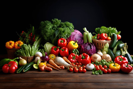 Composition with variety of raw organic vegetables on wooden table. Balanced dietの素材