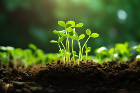 Green young sprouts are growing from fertile soil, concept of new life and environmental protectionの素材