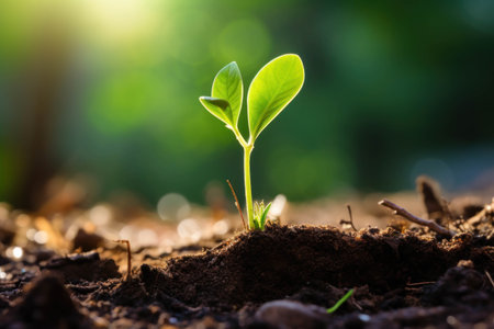 Green seedling illustrating concept of new life with sunbeams and lens flareの素材
