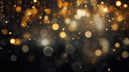 Abstract gold bokeh om dark background. Festive defocused lights.の素材