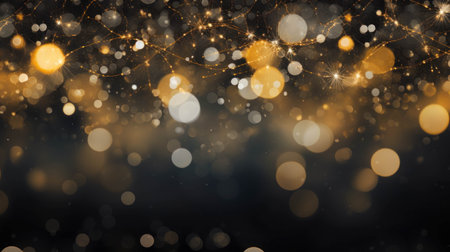 Abstract background with bokeh blurred lights in black and gold colors. Christmas and New Year concept.の素材
