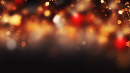 Festive Christmas background with defocused red and gold bokeh lights on black backgroundの素材