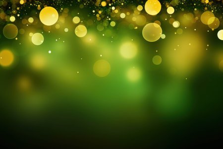 Abstract green background with golden bokeh lights. Christmas and New Year concept.の素材