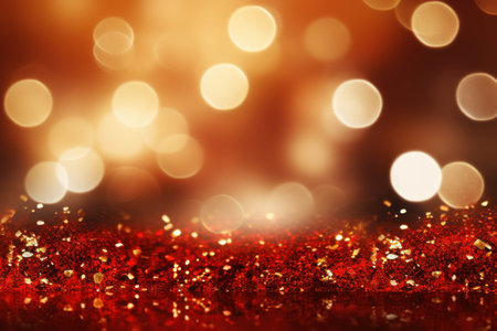 Abstract christmas background in red and gold colors with bokeh defocused lights and starsの素材
