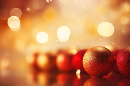 Christmas background with red and gold balls and bokeh lights.の素材