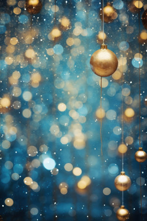 Golden balls on a blue background with bokeh lights. Christmas and New Year vertical background.の素材