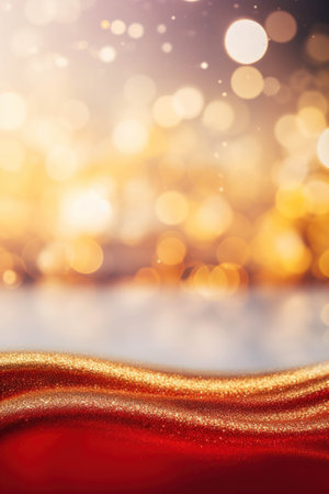 Abstract red background with waves and bokeh defocused golden lights.の素材