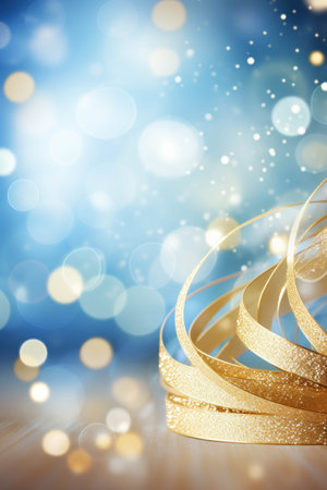 Christmas background with golden ribbons on blue bokeh background.の素材