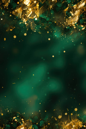 Abstract green background with gold sparkles and bokeh lights. Christmas and New Year conceptの素材
