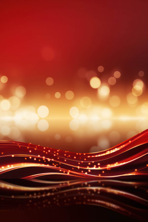 Abstract red background with waves and bokeh defocused lights.の素材