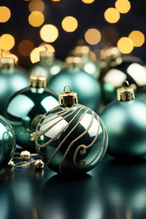 Beautiful blue Christmas balls on gold bokeh background, closeupの素材