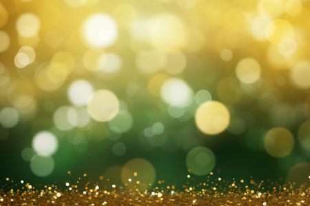 Abstract green background with golden bokeh lights. Christmas and New Year concept.の素材