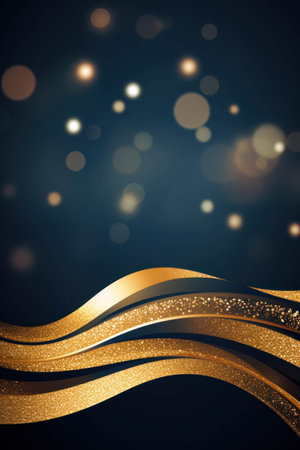 Abstract background with golden waves and bokeh lights.の素材