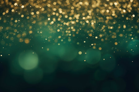 Abstract green background with golden bokeh lights. Christmas and New Year concept.の素材