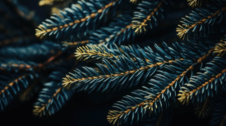 Blue spruce branches on a dark background, close-up.の素材