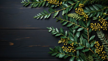 Eucalyptus branches and yellow flowers on black wooden backgroundの素材